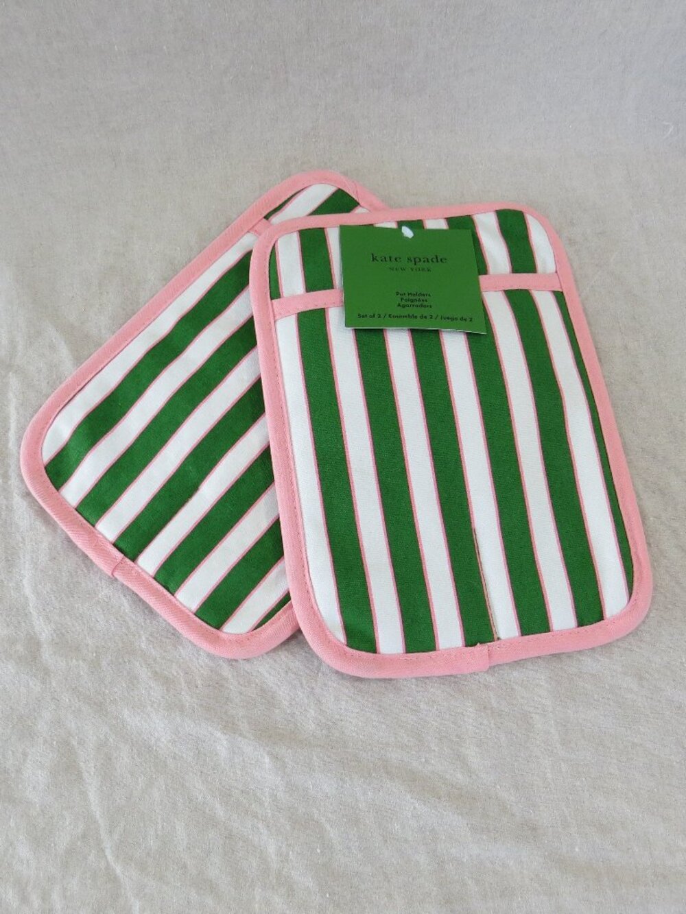 NEW Kate Spade New York Botanical Stripe Pot Holders (Set of 2) Green, Pink